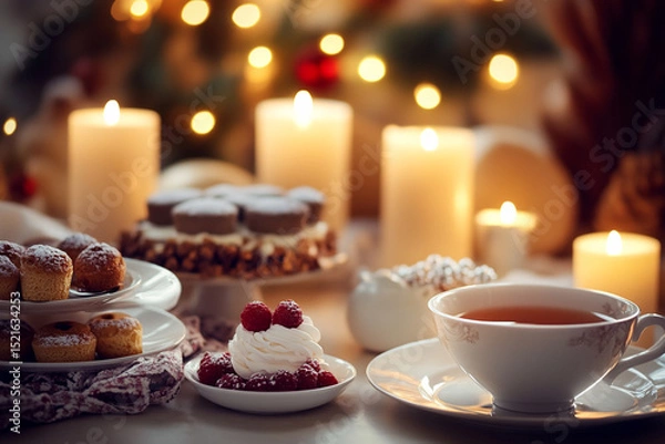 Obraz Festive tea party with delicious desserts, candles and warm lights in the background