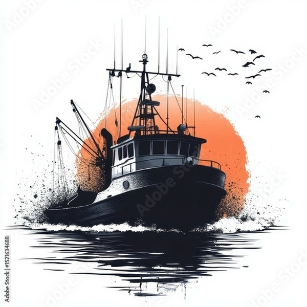 Fototapeta Fishing boat navigates calm waters during sunset with birds flying in the sky