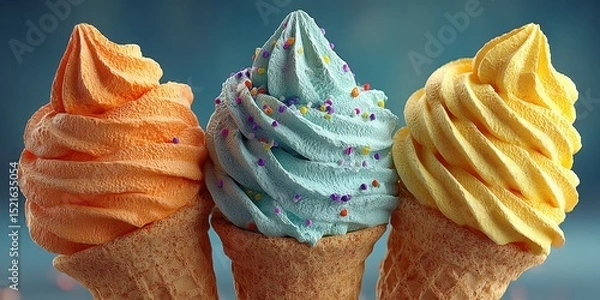 Fototapeta Colorful ice cream cones with soft serve in a variety of flavors displayed in a vibrant setting