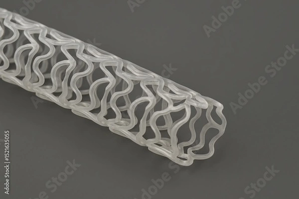 Obraz A high-resolution studio photograph of a bioresorbable vascular scaffold made from a translucent polymer, featuring an open-cell, zigzag cylindrical structure. 
