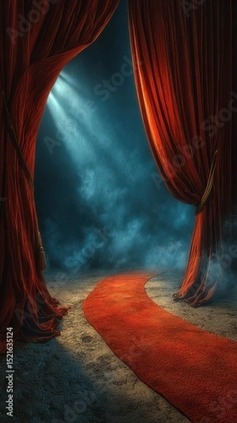 Fototapeta Dramatic red curtains reveal a mysterious path illuminated by soft light in an atmospheric setting