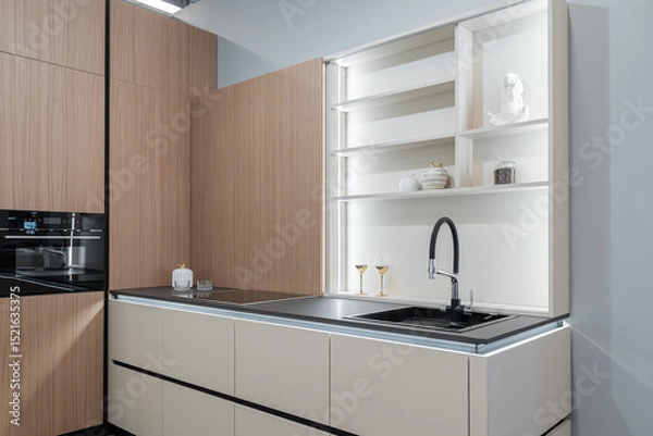 Obraz modern built-in kitchen in light color with upper and lower cabinets. glass doors, steel faucet and sink, built-in kitchen appliances. wine glasses on shelves. kitchen unit