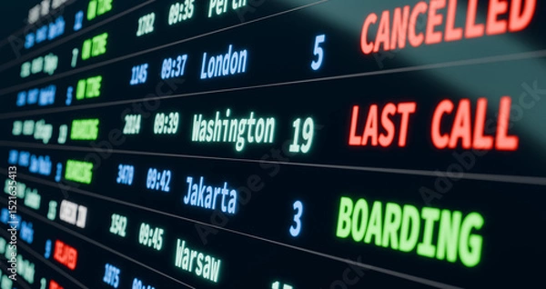 Fototapeta Boarding sign, arrival and departure board. Flights  last call or gate closed. Airport, travel,  information, tourism, device screen, travel destianation, business. 3D illustration