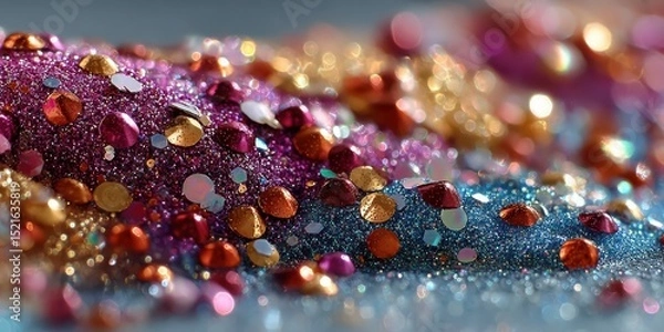 Fototapeta Vibrant assortment of colorful glitter and sequins scattered across a shimmering surface