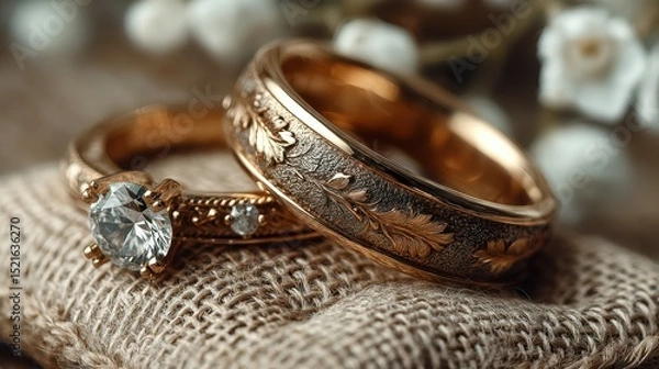 Fototapeta Elegant gold wedding rings with intricate designs displayed on a textured fabric background