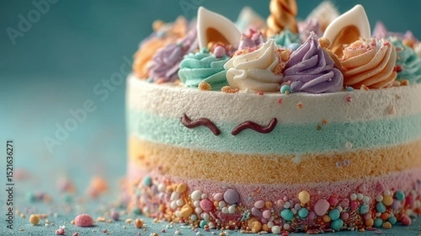 Fototapeta Colorful unicorn cake with whimsical decorations and pastel frosting at a celebration gathering