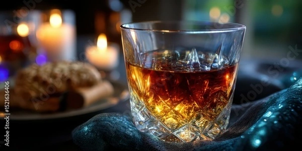 Fototapeta Glass of whiskey sits on a textured surface beside cookies and flickering candles in a cozy setting at night