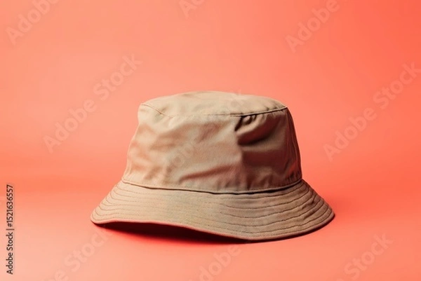 Fototapeta A light beige bucket hat resting on a coral background.