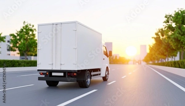 Fototapeta White Delivery Truck on City Road at Sunset