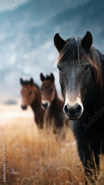 Fototapeta Wild horses grazing in a serene meadow surrounded by mountains on a cloudy day
