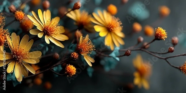 Fototapeta Beautiful golden flowers bloom in a serene setting surrounded by greenery and delicate buds in early spring