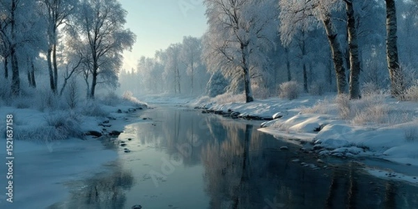 Fototapeta Snow-covered trees lining a serene river in a winter landscape at dawn with soft blue tones