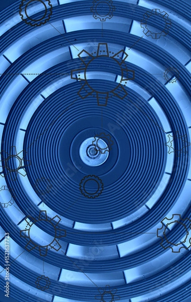 Obraz  Perfect round rings divided into equal sectors in dark blue light and dark contours of cogs and gears over it  