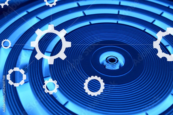 Obraz Accuracy concentric circles of varying thickness on a circular illuminated panel with White Silhouettes of Variety Gear Wheels Connected with Dotted Lines