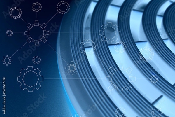 Obraz Futuristic Design with Concentric Pattern Illuminated with Blue Light under Mechanical Draw with Contours of Cogwheels and Gears 
