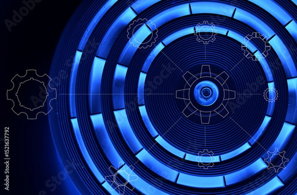 Obraz Different Transparent Gears with White Outlines on Precision Circles Pattern with Blue Backlit in Background
