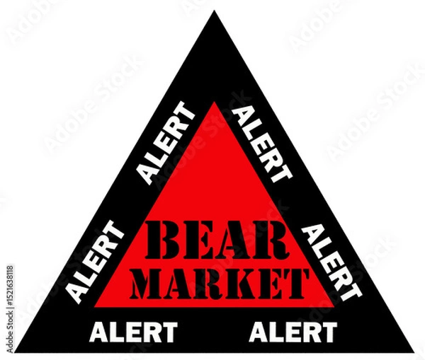 Fototapeta Bold red text "Bear Market" inside a warning triangle, symbolizing falling stock prices, market crash, financial caution, or economic downturn. Ideal for finance visuals.