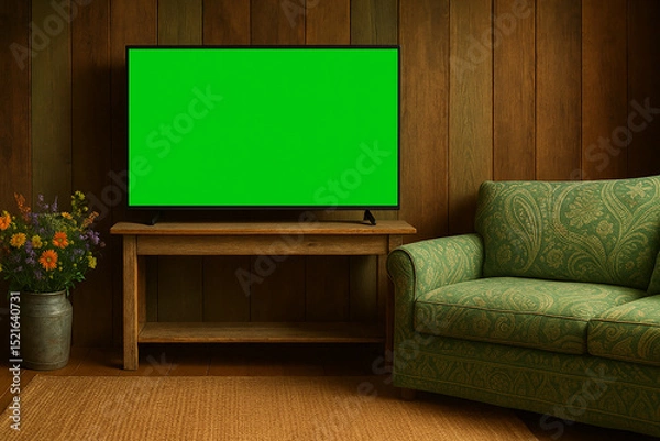 Fototapeta Modern living room scene with smart TV on black stand, green screen for mockup, gray sofa, marble coffee table, and floor lamp