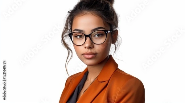 Fototapeta perfectly composed portrait of a businesswoman wearing glasses and a sleek orange suit 