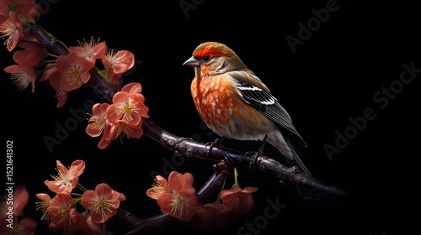 Fototapeta Beautiful bird perched on flowering branch photo for nature lovers and bird watching enthusiasts image