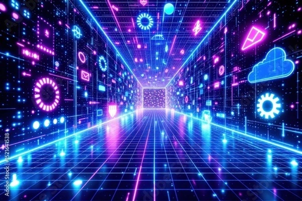 Obraz Futuristic digital tunnel with glowing neon lights and symbols