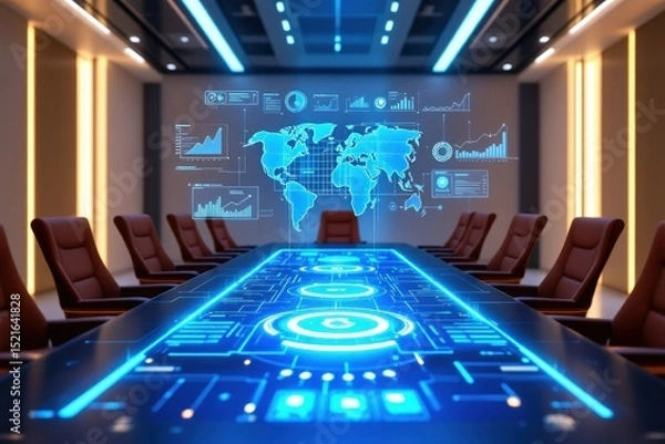 Obraz Modern conference room with digital assets and global data visualization