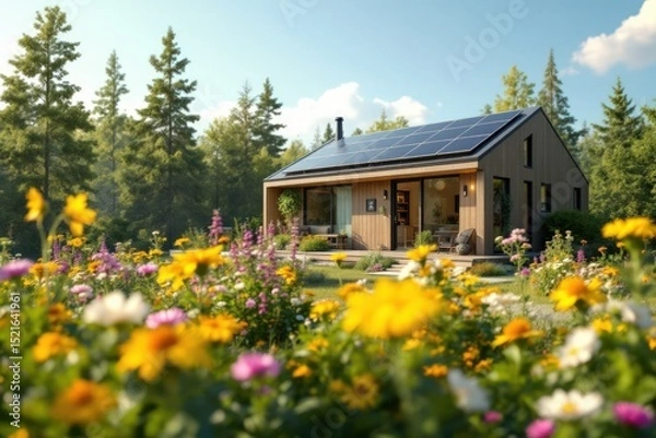 Obraz Modern wooden house with solar panels surrounded by colorful flowers