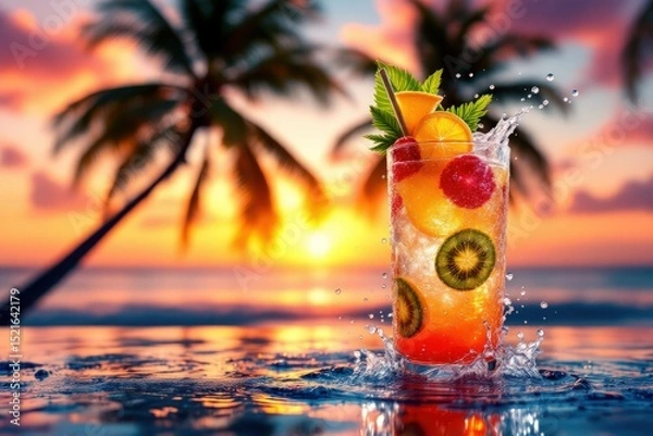 Obraz Refreshing fruit cocktail in tropical setting with sunset background