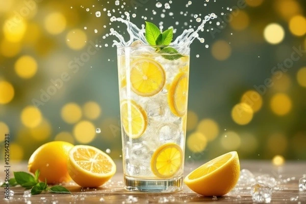 Obraz Refreshing lemon beverage with ice and mint leaves