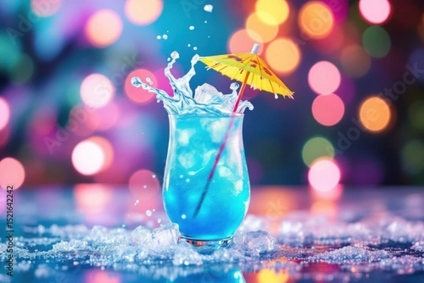 Obraz Refreshing blue cocktail with ice and umbrella
