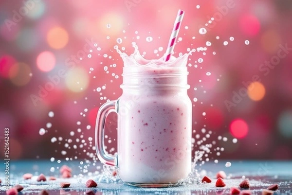 Obraz Strawberry milkshake in glass jar with whipped cream and splashes