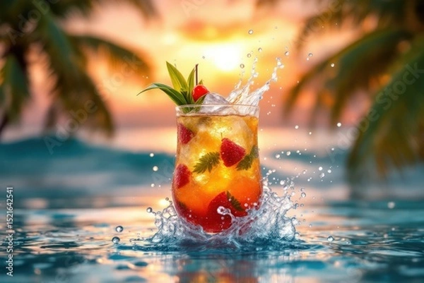 Obraz Tropical drink with raspberries and mint in ocean waters at sunset