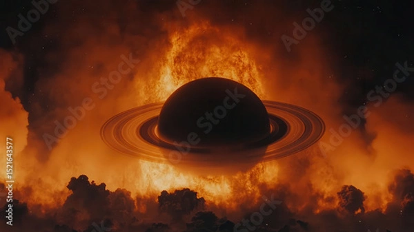 Fototapeta Cosmic scene featuring large planet with rings, surrounded by fiery clouds and bright flames, creating intense and dramatic space environment