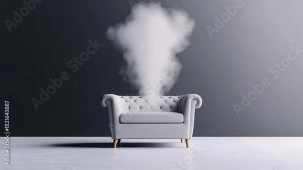 Fototapeta Minimalist sofa with cold vapor rising from air conditioner, creating calming and modern atmosphere in sleek room setting. scene evokes sense of coolness and tranquility