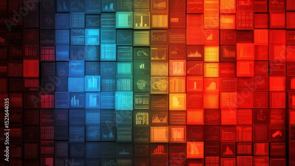 Obraz Colorful digital data blocks with vibrant blue, green, yellow, and red hues representing technology, data analysis, and digital information visualization. abstract background evokes innovation