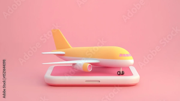 Fototapeta Playful 3D illustration of yellow airplane with pink accents pink background, resting white smartphone, creating whimsical and creative scene.,keywordsairplane aircraft toy mobile phone smartphone