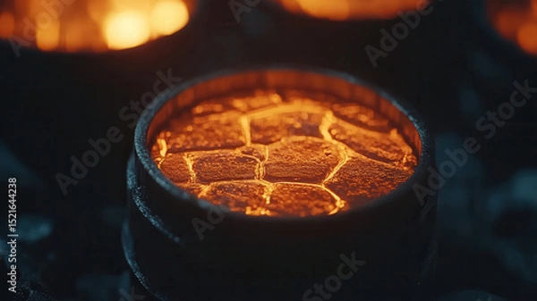 Fototapeta Close up of glowing molten metal in crucible, with bright orange and yellow hues, surrounded by dark, smoky environment, showcasing high temperature and intense heat