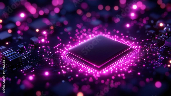 Obraz Close up of computer chip surrounded by glowing pink and purple digital particles, creating futuristic and high tech atmosphere, with focus on advanced technology and digital innovation