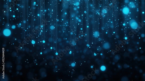 Fototapeta Minimal digital rain made of glowing characters streaming down in dark background, creating futuristic and digital atmosphere with vibrant blue light effects