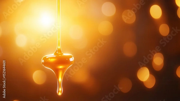 Fototapeta Close up of golden honey dripping from stick warm background with bokeh lights slow motion natural sweetener sticky texture amber color food photography shiny surface liquid flow sweet aroma