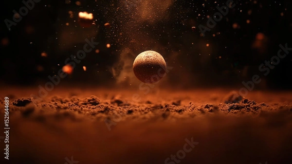 Fototapeta Spherical object in mid air with dust particles and sparks around it, illuminated by warm light, creating dynamic and energetic scene with dark background