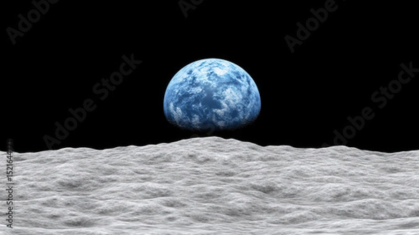 Fototapeta Earth seen from surface of Moon with stark black sky, rugged lunar terrain in foreground, and blue and white planet rising in distance, evoking sense of space exploration and wonder