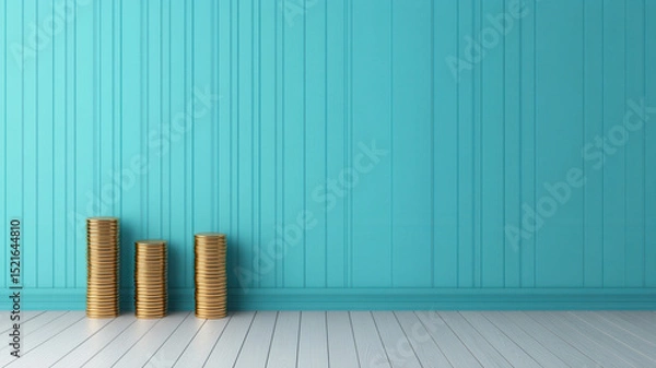 Fototapeta Image shows stacks of gold coins increasing in height from left to right against blue wall with vertical paneling, symbolizing growth or financial progress
