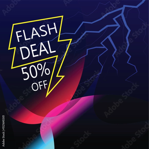 Fototapeta Lightning Sale Alert: A dynamic design showcases a bold "Flash Deal" announcement with a striking lightning bolt, advertising a 50% discount, perfect for grabbing attention