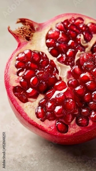 Fototapeta Bright Red Pomegranate Cut in Half Showing Juicy Seeds on a Light Surface.