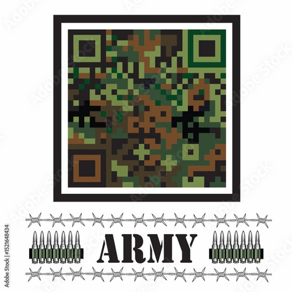 Fototapeta A creative QR code design featuring a digital camouflage pattern in green, brown, and black, styled with military elements such as bullets, barbed wire, and bold "ARMY" text