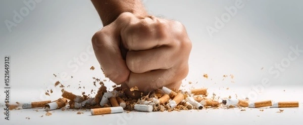 Fototapeta The fist crushing cigarettes symbolizes the fight against smoking addiction.