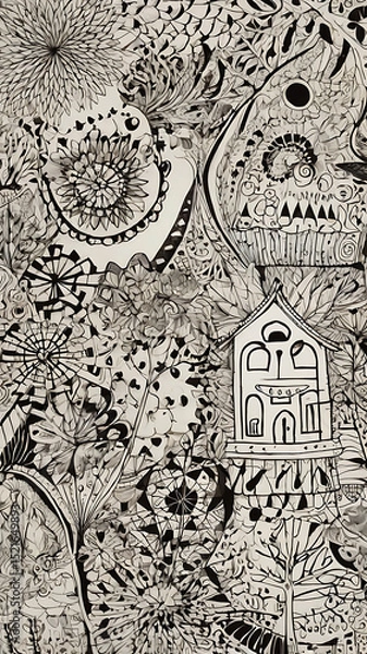 Fototapeta Hand-drawn doodle pattern with whimsical elements, black ink on white background, casual and fun aesthetic



