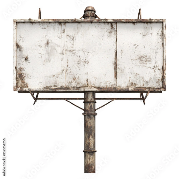 Fototapeta A weathered billboard with a blank white surface and a rusted metal frame against a white background