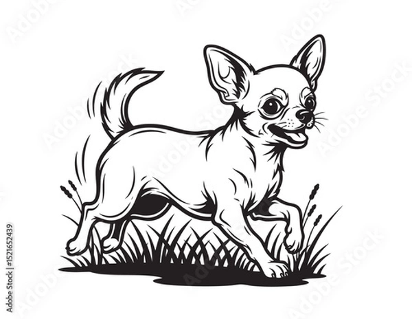 Obraz Energetic black and white vector illustration of a happy Chihuahua dog running through grass. Great for pet designs, logos, or dog-themed prints. Pet, Animal.